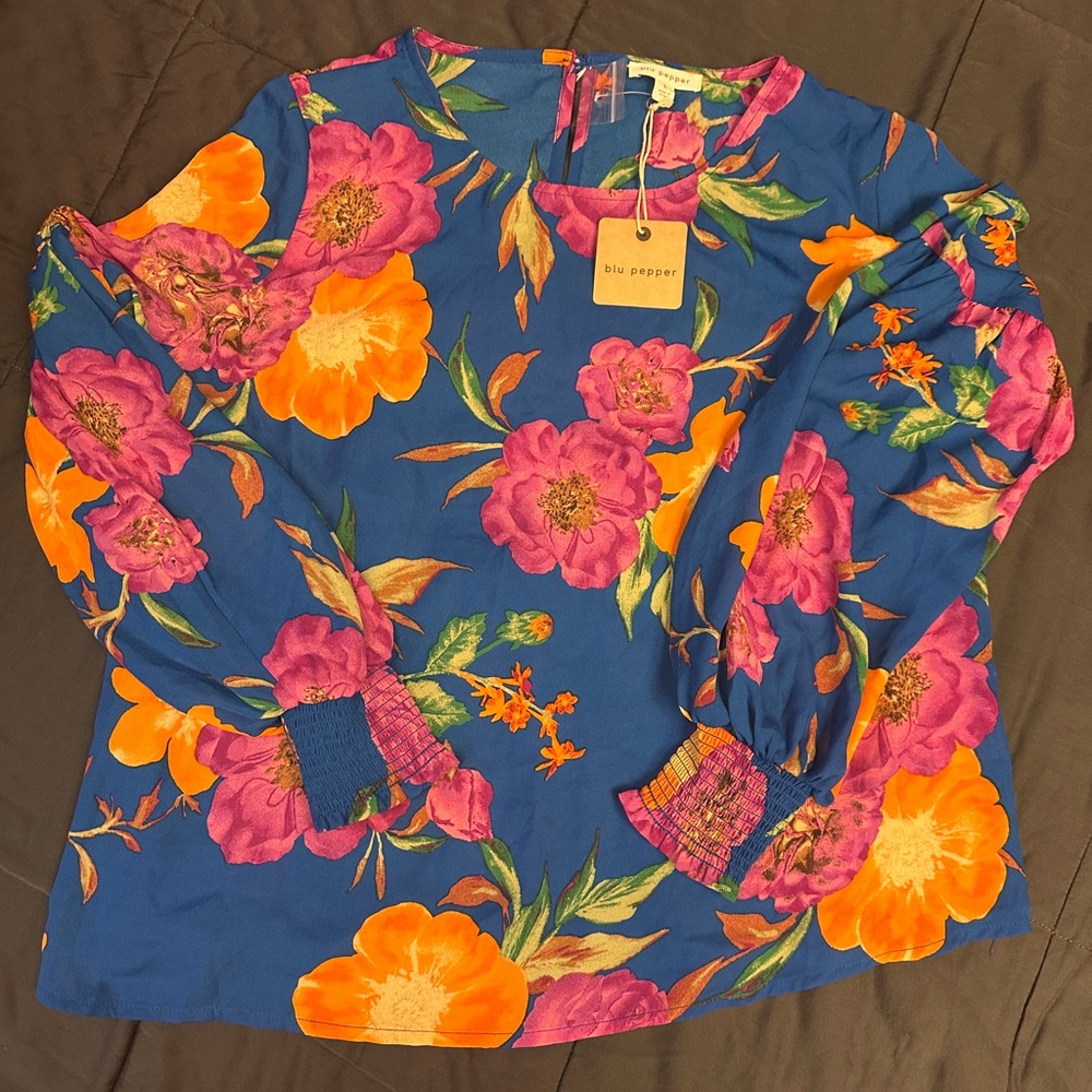 Blu Pepper Floral Women's Blouse - Blue and Orange